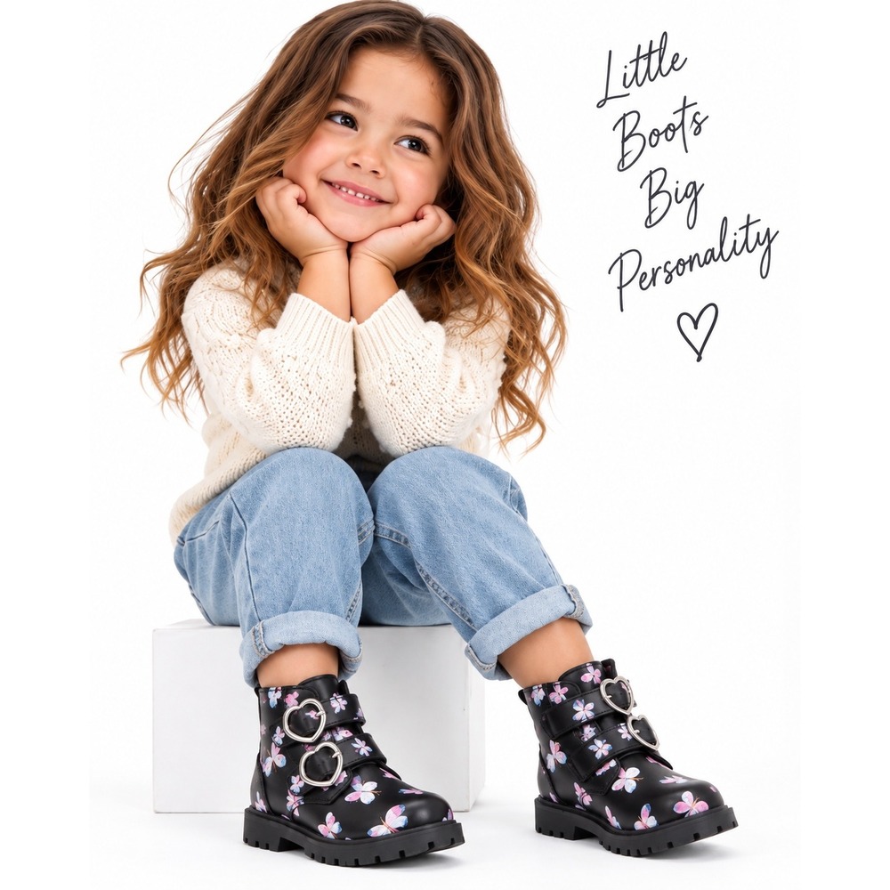 CARTER'S Girls Butterfly Heart Buckle Combat Boots Black Size 5